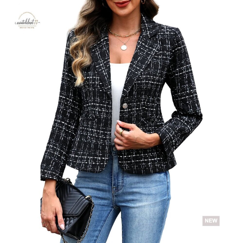 Slim Fit Tweed Blazer with Pockets, Business Casual Jacket